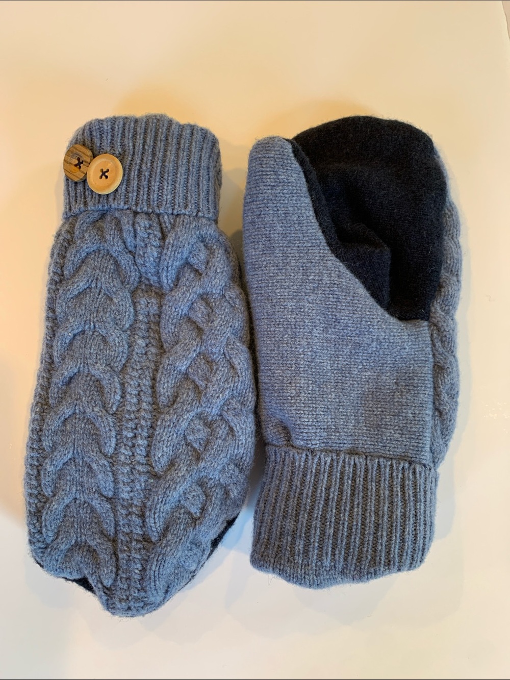 Chunky Cable Knit Fleece Lined Mittens Slate Blue Wood Button Accent Winter